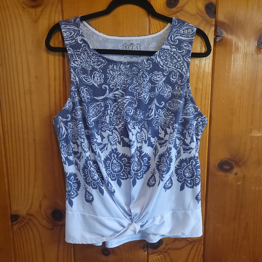 ECLA XL Blue and White Cotton Blend Tank Top Sleeveless Paisley Pattern